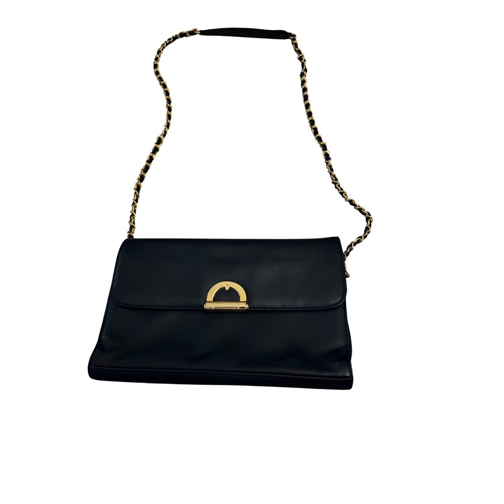 Vintage Navy Blue LeatherShoulder Bag Gold Chain Strap D-Ring Buckle Clutch